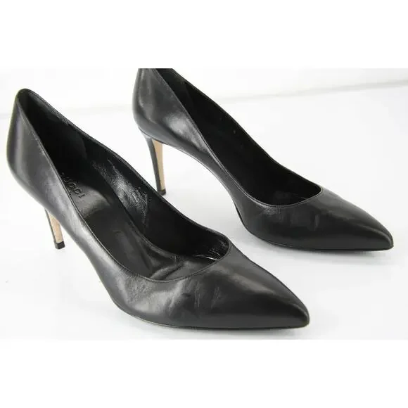 Gucci Black Leather Brooke Pointy Toe Heel Pumps Size 38.5 New $635 Women's